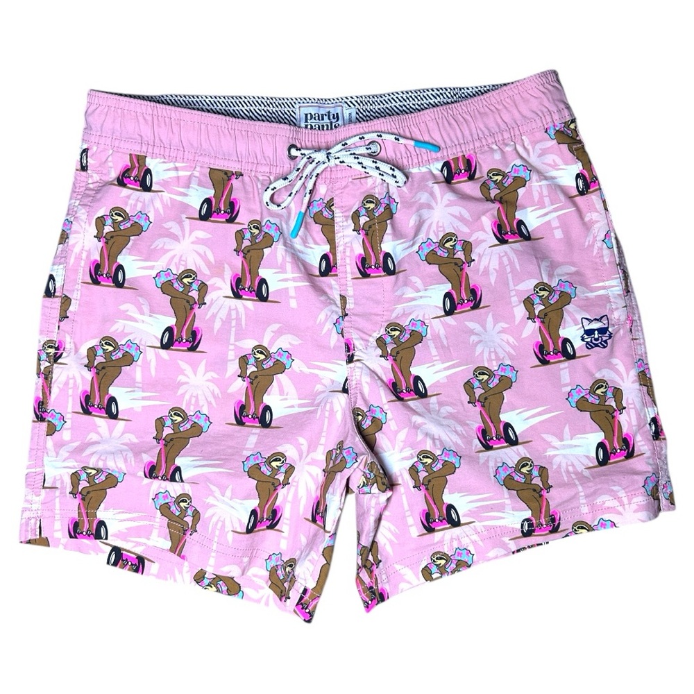 Party Pants Shorts/Swim Trunks (unlined) Men’s Medium Pink Sloths Riding Segways